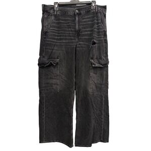 American Eagle Super High Rise Baggy Wide Leg Cargo Jeans Black Distressed 16R‎